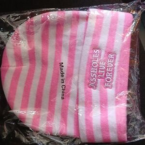 Pink and white stripes assholes live forever beanie hat unisex